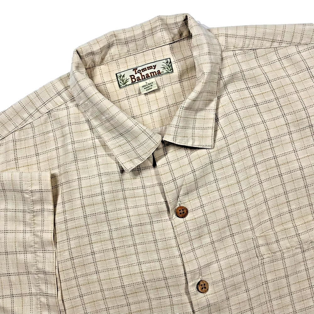 Tommy Bahama Silk Camp Shirt Men's L Beige Check Beach Resort Vacation Preppy
